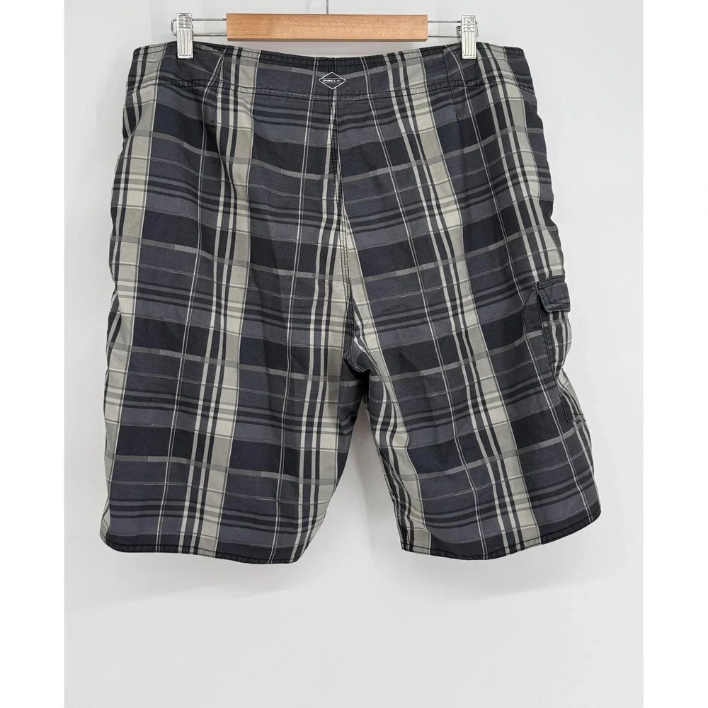ONeill Mens Plaid Board Shorts Grey Black White Cargo Pocket Swim Trunks Sz 38